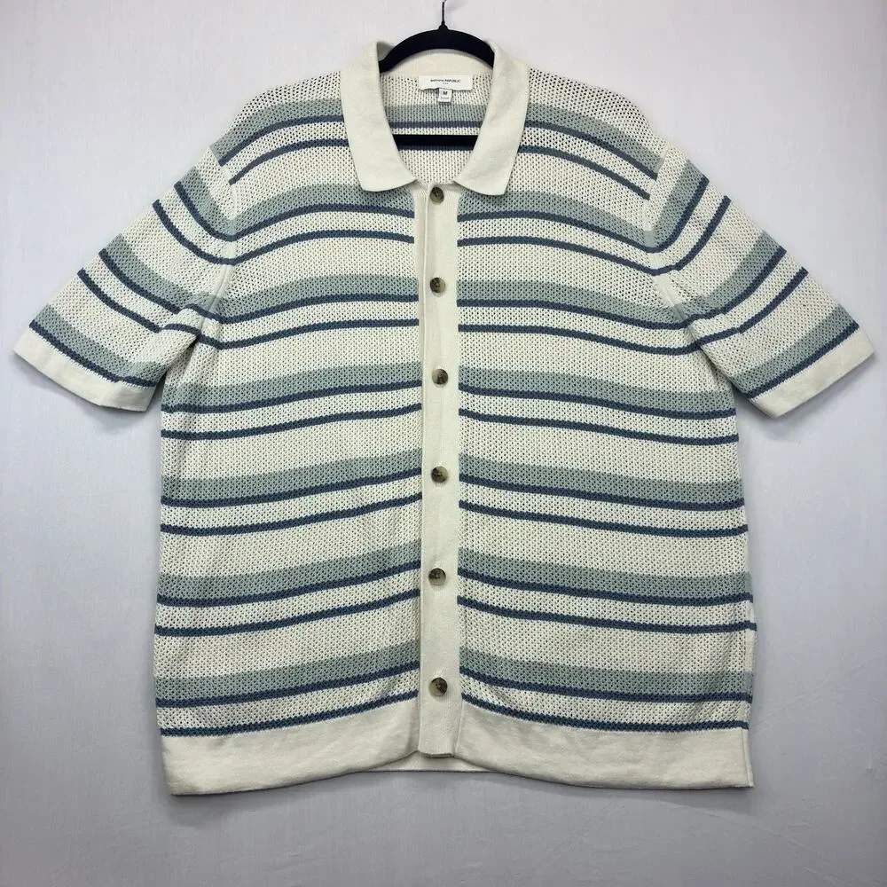 Banana Republic Men’s Medium Knit Polo Shirt Blue Stripe Open Weave Button Up